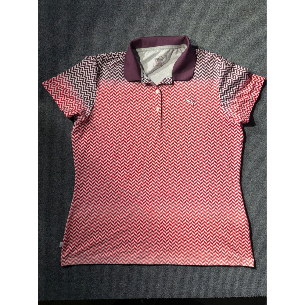 Puma Golf Womens XL Red Chevron Geometric Print Polo Shirt‎ Purple Collar 569058